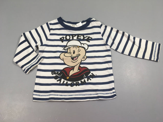 T-shirt m.l pressions épaule blanc rayé bleu Popeye, moins cher chez Petit Kiwi