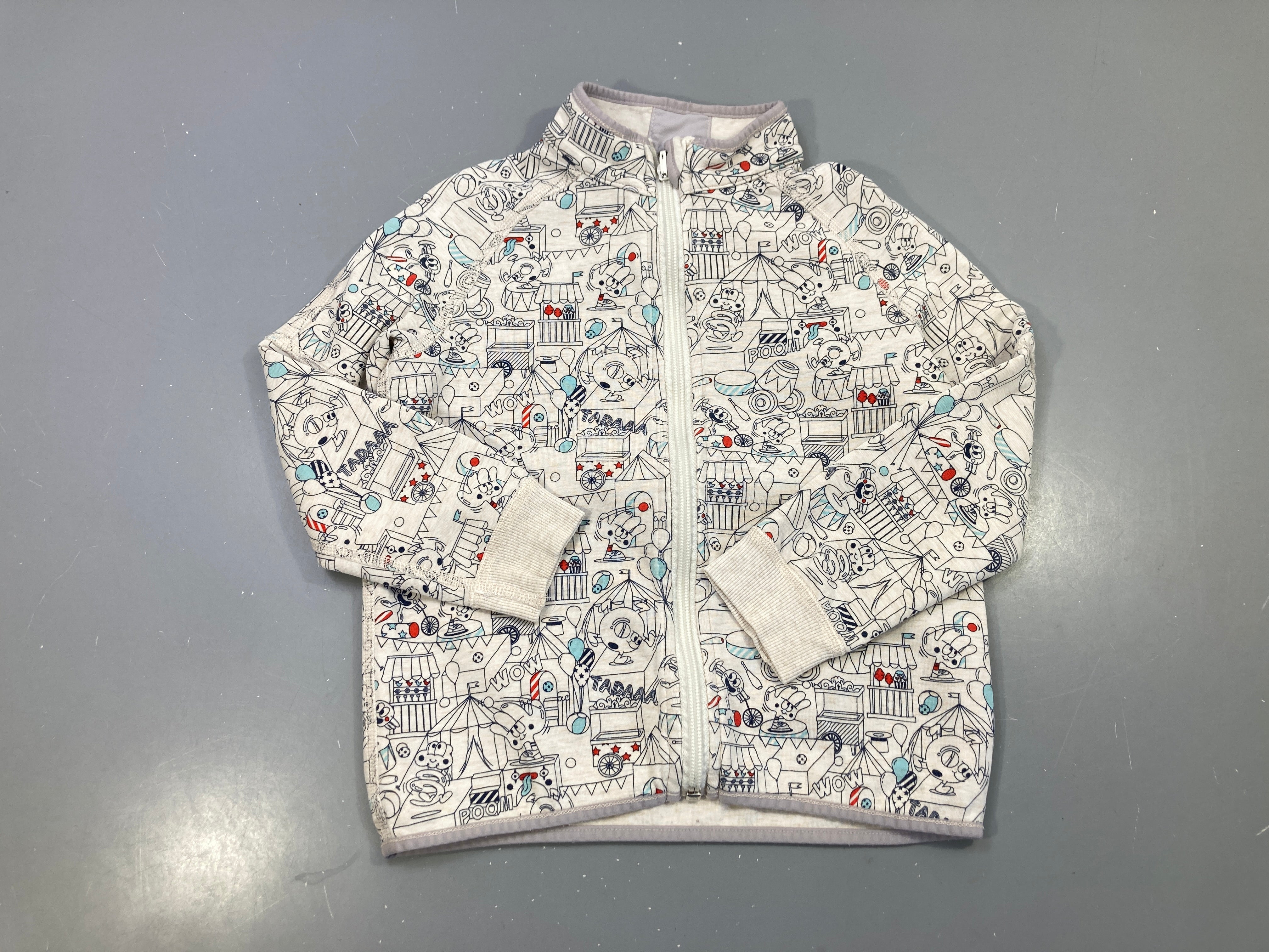 Sweat réversible zippé écru imprimé cirque bleu et rouge