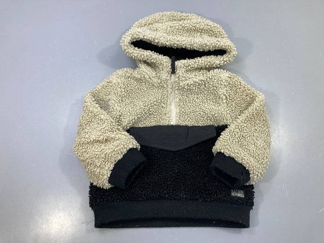 Sweat capuche sherpa écru et noir, demi-zip, poche kangourou, Nature Defender bouloché, moins cher chez Petit Kiwi