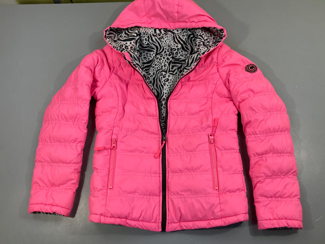 Doudoune zippée réversible rose/motifs félins à capuche, moins cher chez Petit Kiwi