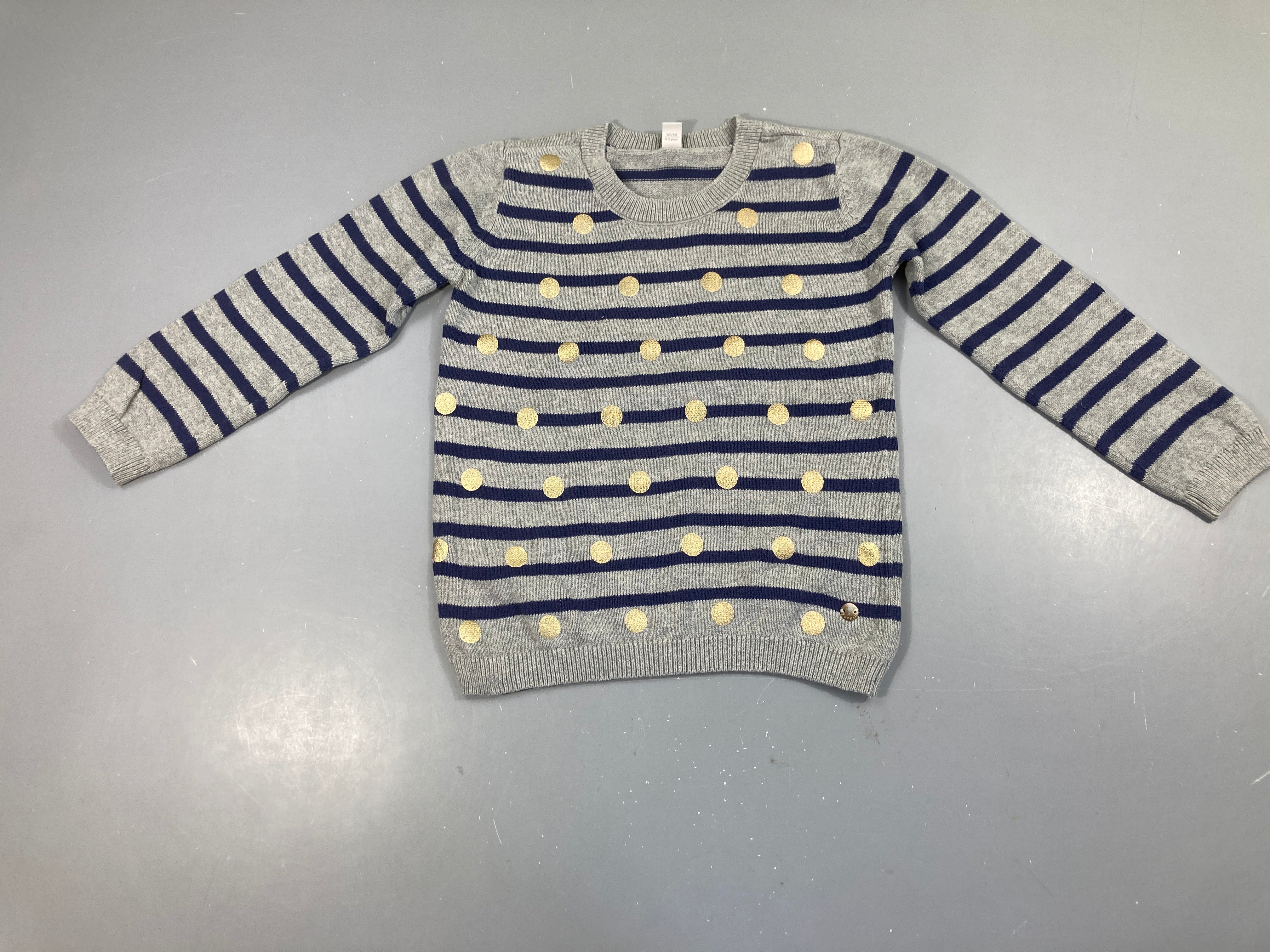 Pull gris rayé bleu pois dorés
