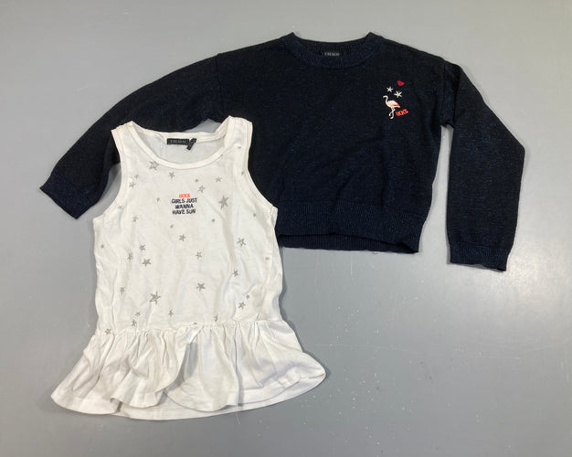 Pull bleu marine irisé flamant rose + Débardeur blanc étoiles (boulochée), moins cher chez Petit Kiwi