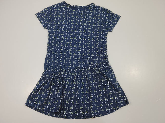 Robe m.c jersey bleu marine, fleurs blanches, moins cher chez Petit Kiwi