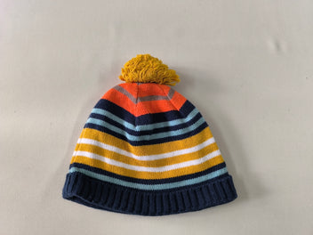 Bonnet rayé bleu marine/bleu/jaune/orange avec pompon, 50 cm