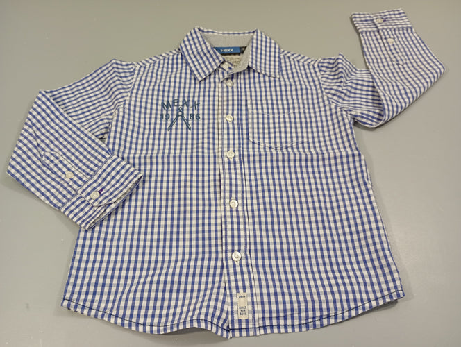 Chemise m.l à carreaux bleu et blanc "Mexx 1986", légère décoloration au niveau de la boutonière, moins cher chez Petit Kiwi