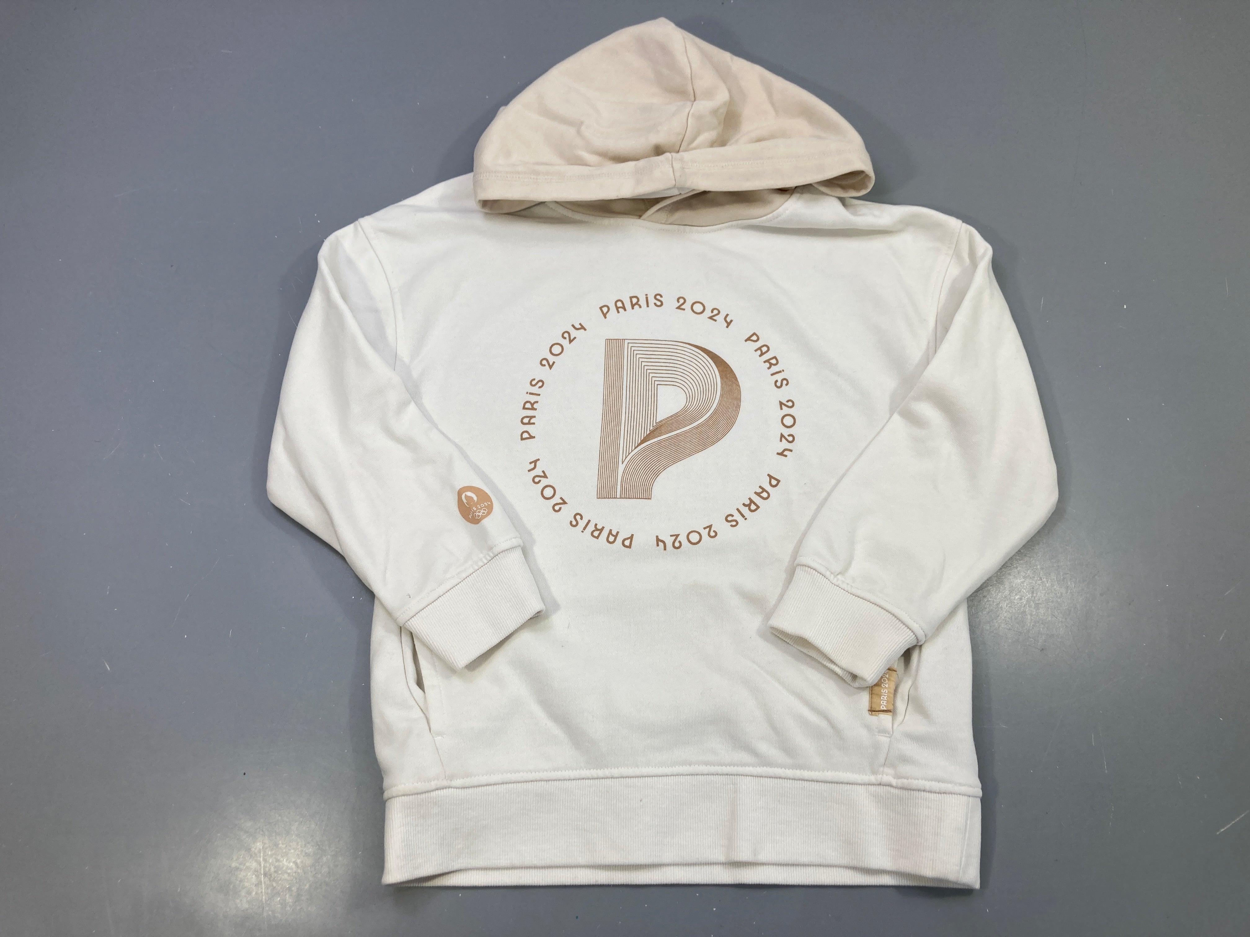 Sweat capuche écru, logo doré, Paris 2024