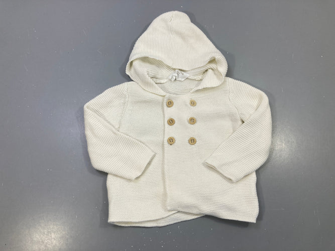 Gilet blanc maille capuche, double boutonnage boutons bois, moins cher chez Petit Kiwi