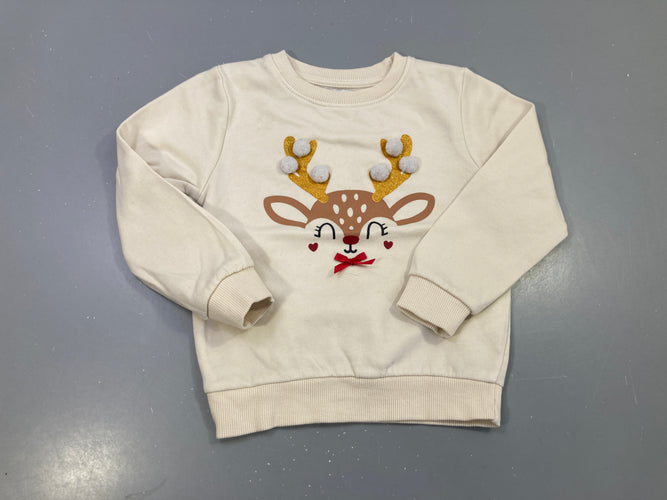 Sweat écru renne, bois sequins et pompons, noeud rouge, moins cher chez Petit Kiwi