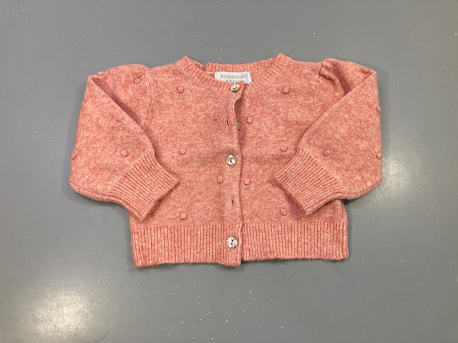 Gilet rose chiné maille pois en relief, manches bouffantes, boutons nà carreauxés, moins cher chez Petit Kiwi