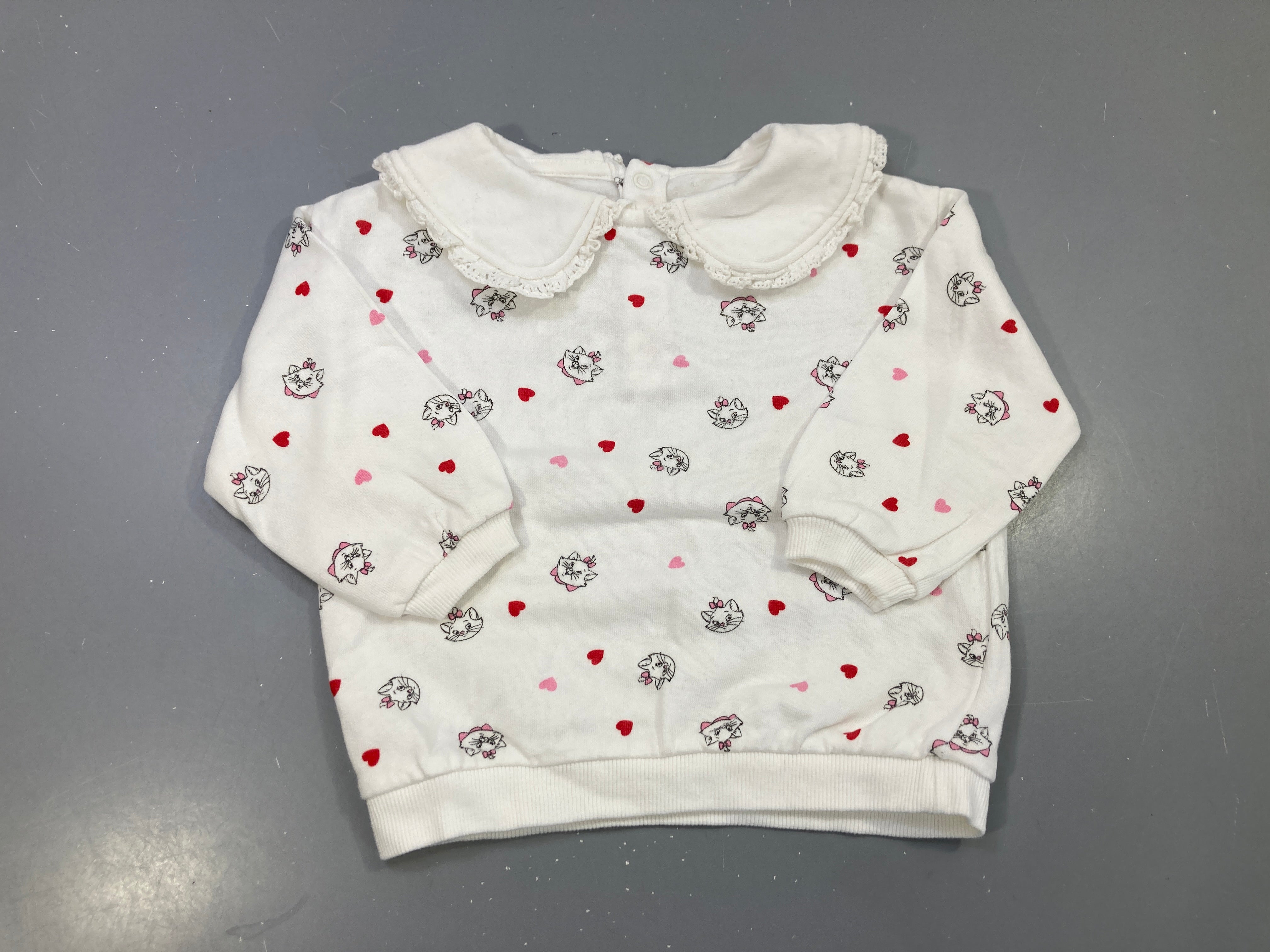 Sweat blanc Marie Aristochats et coeurs, col claudine dentelle