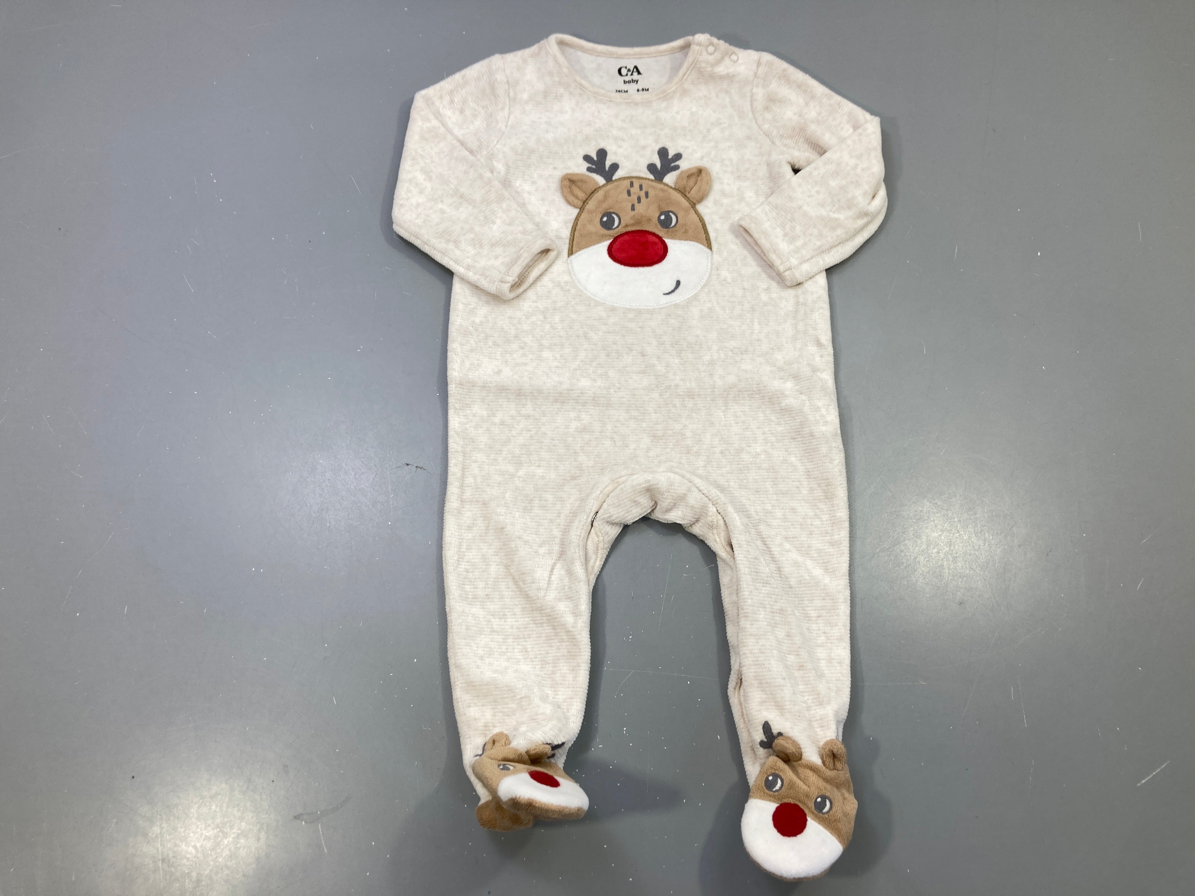 Pyjama velours beige chiné renne, pieds renne, Noël