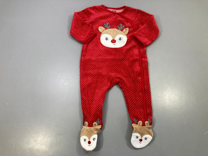 Pyjama velours rouge pois blancs renne, pieds renne, Noël, moins cher chez Petit Kiwi