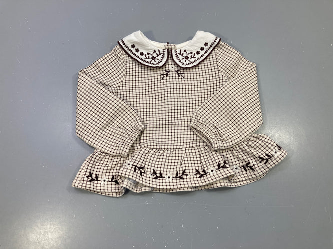 Pull m.l écru carreaux marron, col claudine brodé, basque volantée, moins cher chez Petit Kiwi