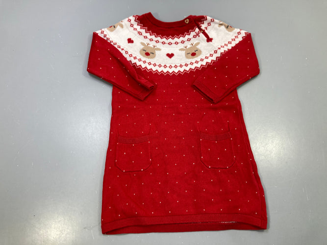 Robe pull m.l rouge maille jacquard rennes et coeurs, poches, Noël, moins cher chez Petit Kiwi