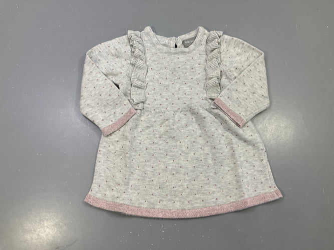 Robe pull m.l grise maille pois roses sequins, volants, moins cher chez Petit Kiwi