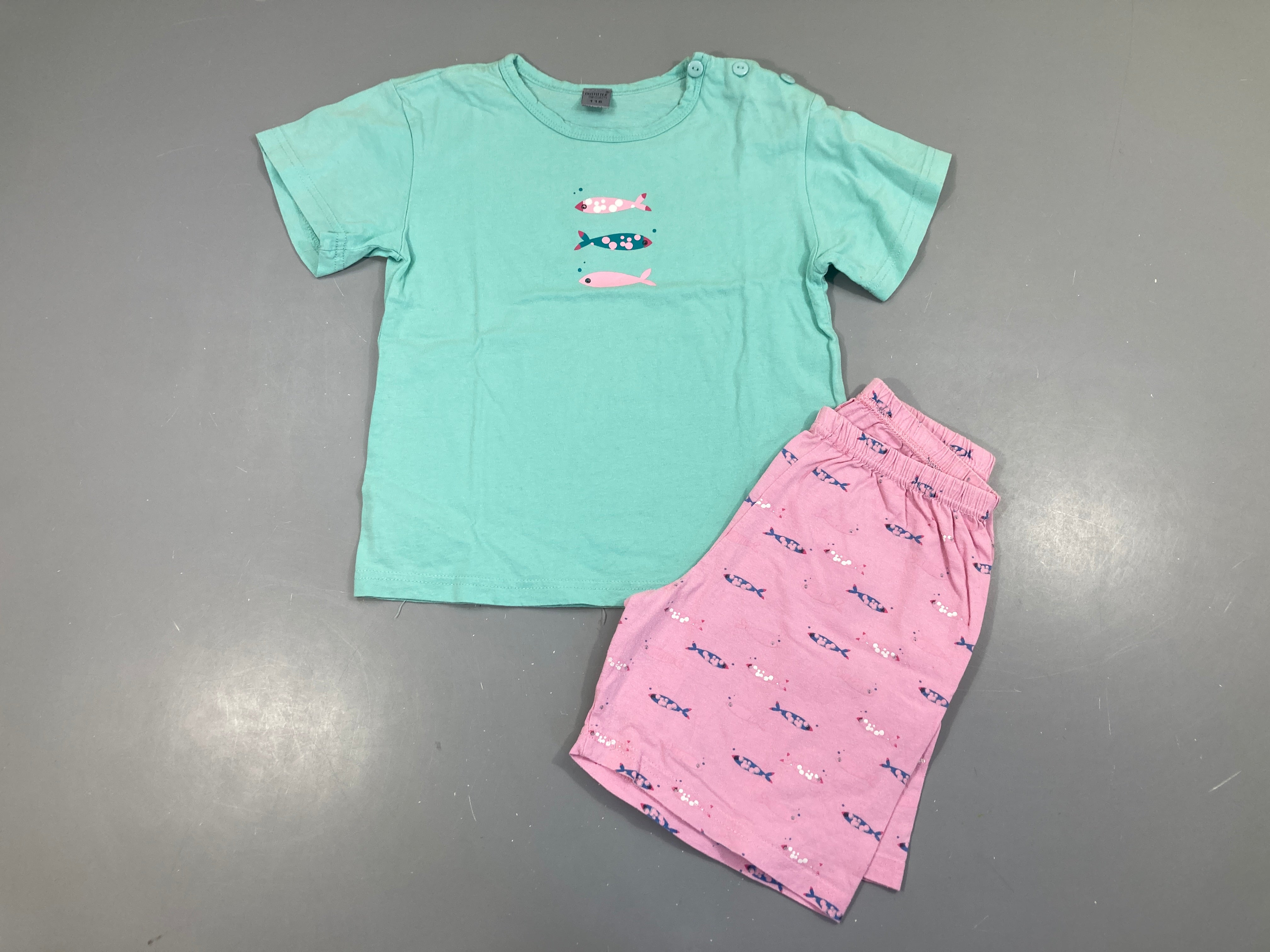 Pyjashort 2pcs jersey beu /rose poissons, bouloché