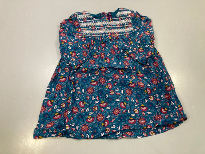 Robe m.l bleu canard fleurie, s.mocks brodés, moins cher chez Petit Kiwi