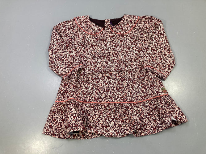 Robe m.l bordeaux feuillage, col claudine, passepoil rose, volant, moins cher chez Petit Kiwi