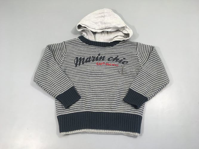 Pull à capuche blanc rayé bleu marine Marine Chic, moins cher chez Petit Kiwi