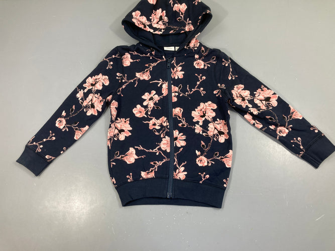 Sweat zippéà capuche bleu marine fleurs roses, moins cher chez Petit Kiwi