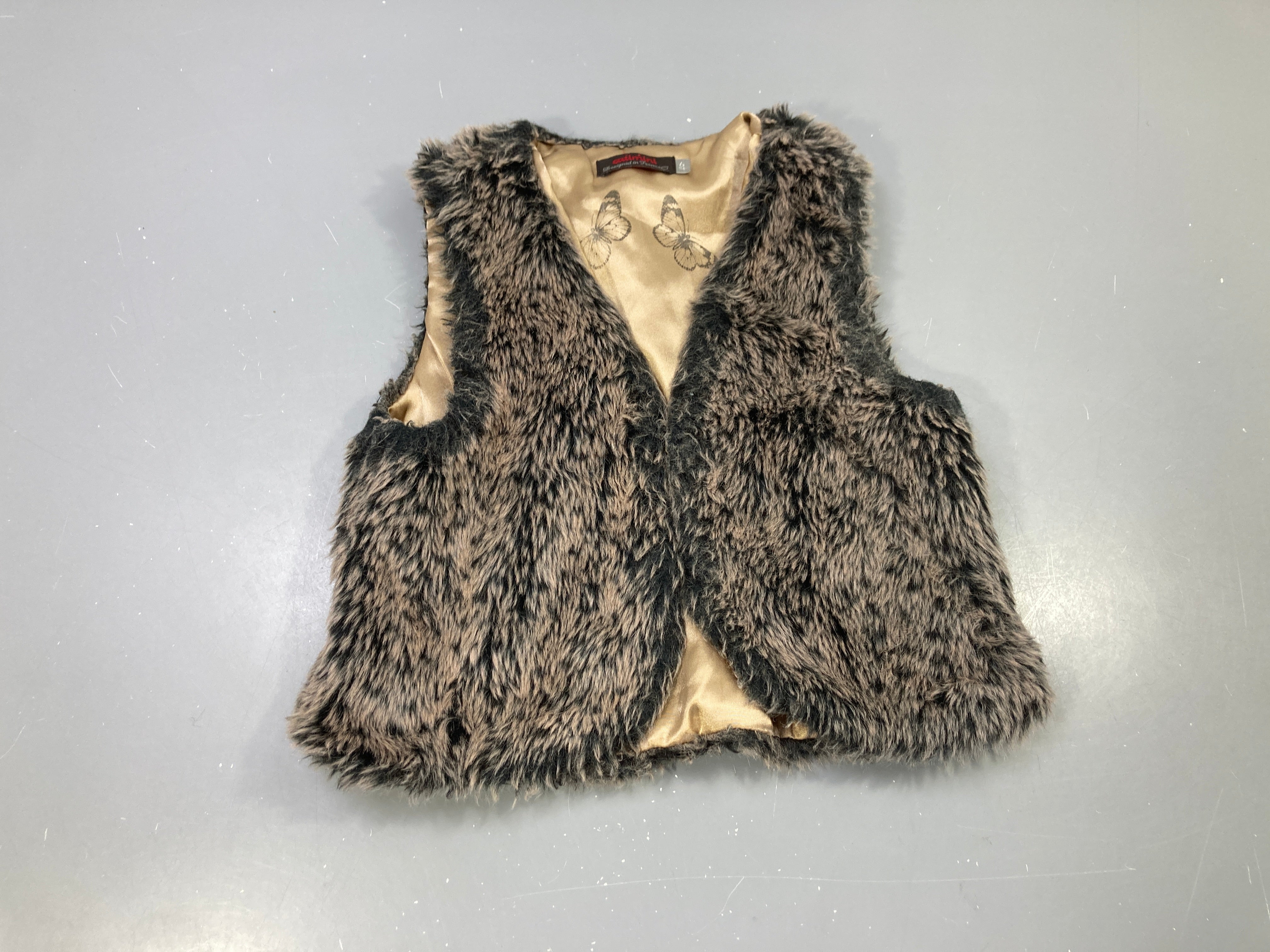 Gilet berger s.m marron chiné noir fausse fourrure, doublure satin papillons