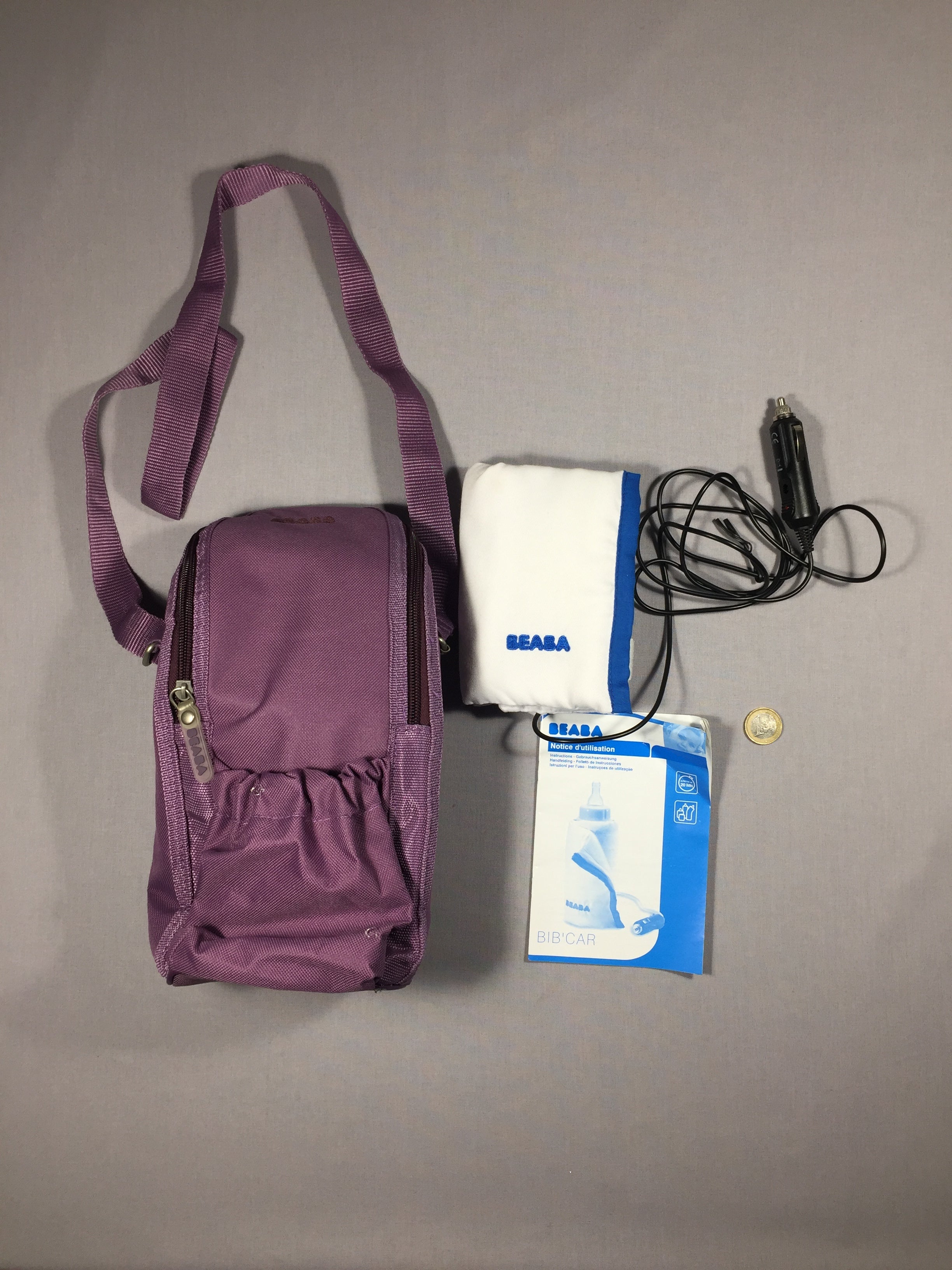 Sac isotherme mauve avec chauffe-biberon voiture