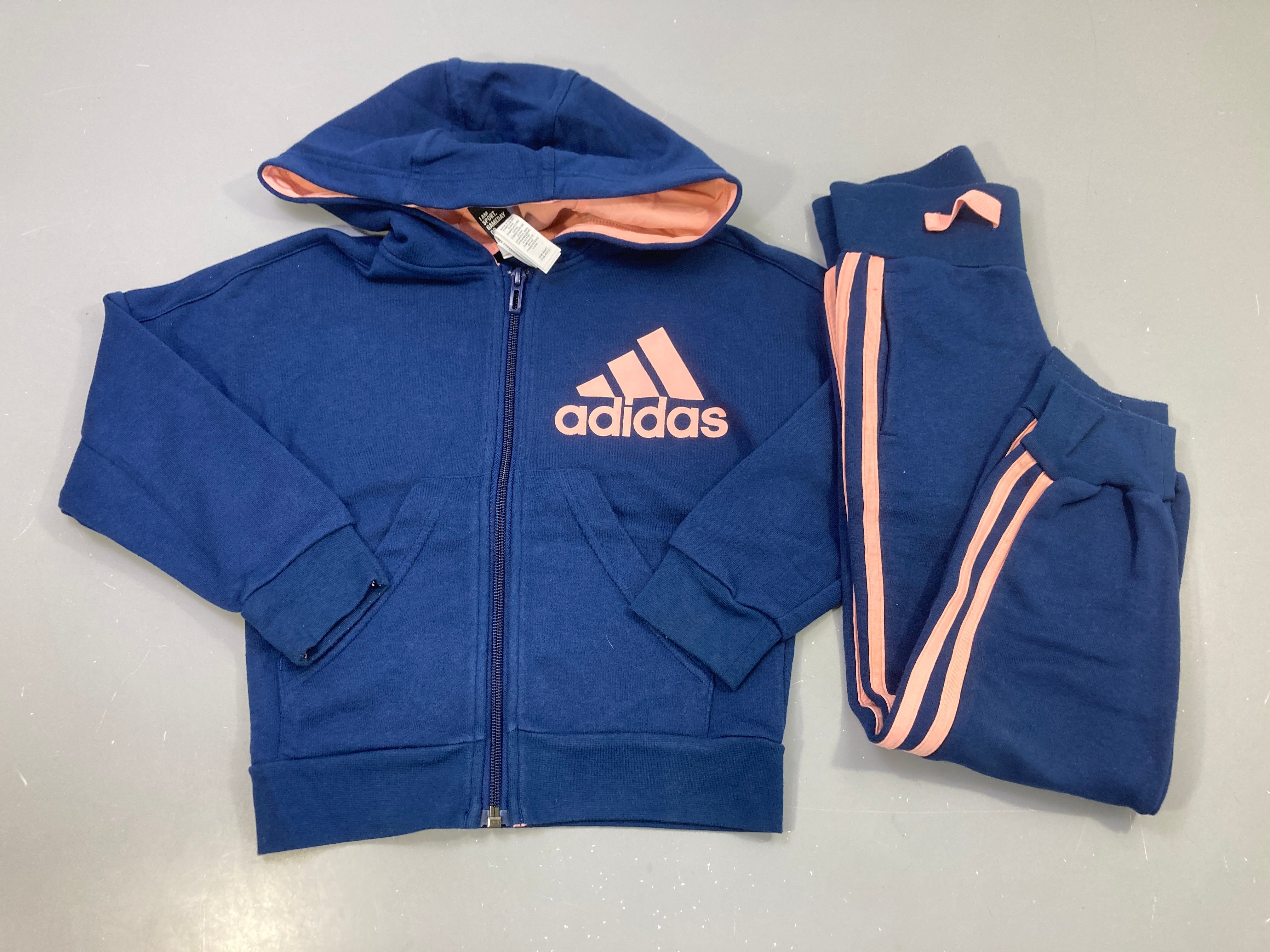 Ensemble 2pcs bleu marine et rose, sweat zippé capuche et jogging à bandes