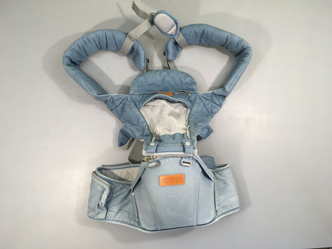 Porte bébé Denim Boyovo avec siège.Manque tissu pour poche avant, n'empêche le portage -tache à rafraichir voir photo de 3,5kg à 20kg, moins cher chez Petit Kiwi