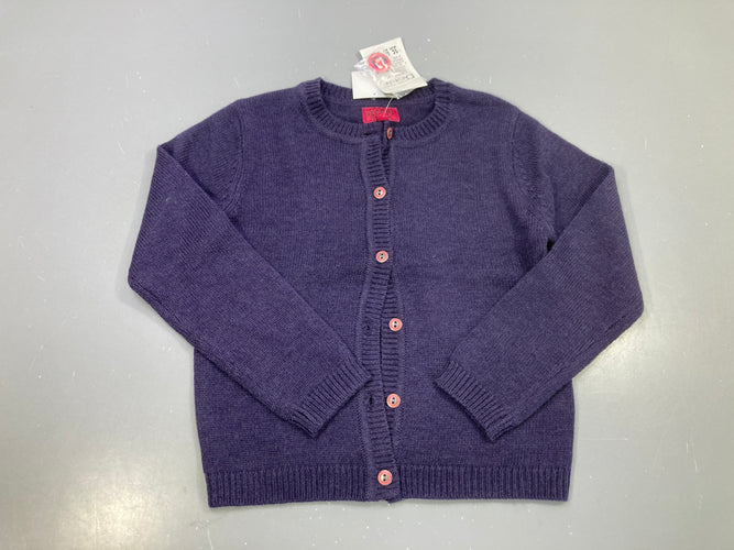 Neuf,Gilet bleu nuit maille, boutons roses, 6%laine, moins cher chez Petit Kiwi