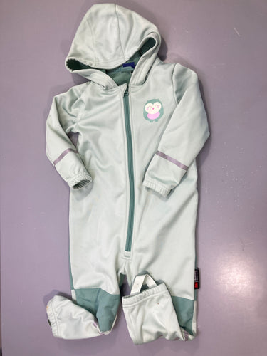 Combinaison zippée vert d'eau softshell, capuche doublée polaire, hibou, bandes réfléchissantes, bas taché, moins cher chez Petit Kiwi