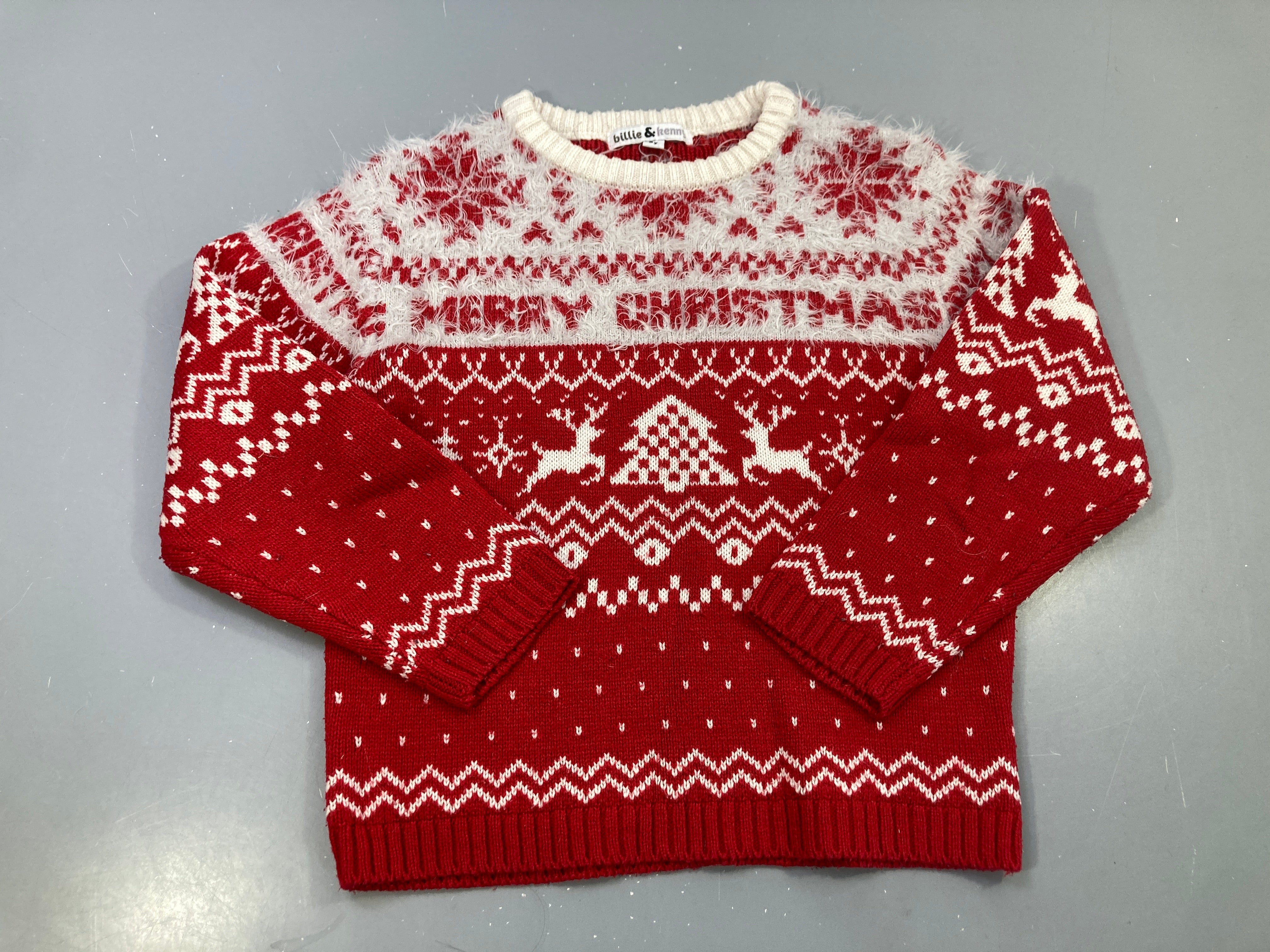 Pull rouge et blanc jacquard Noël Merr.y Christmas rennes, empiècement duveteux, Billie & Kenny