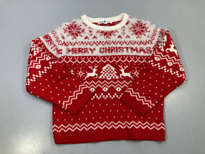 Pull rouge et blanc jacquard Noël Merr.y Christmas rennes, empiècement duveteux, Billie & Kenny, moins cher chez Petit Kiwi