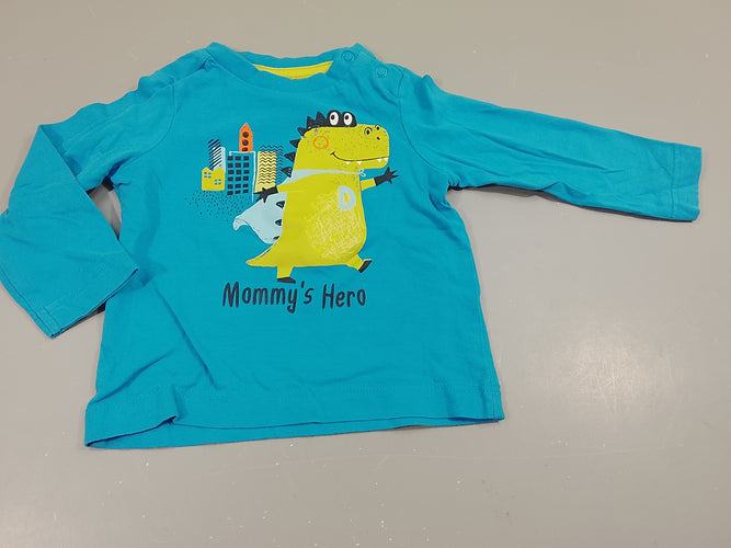 T-shirt m.l bleu, dinosaure "Mommy's hero", moins cher chez Petit Kiwi