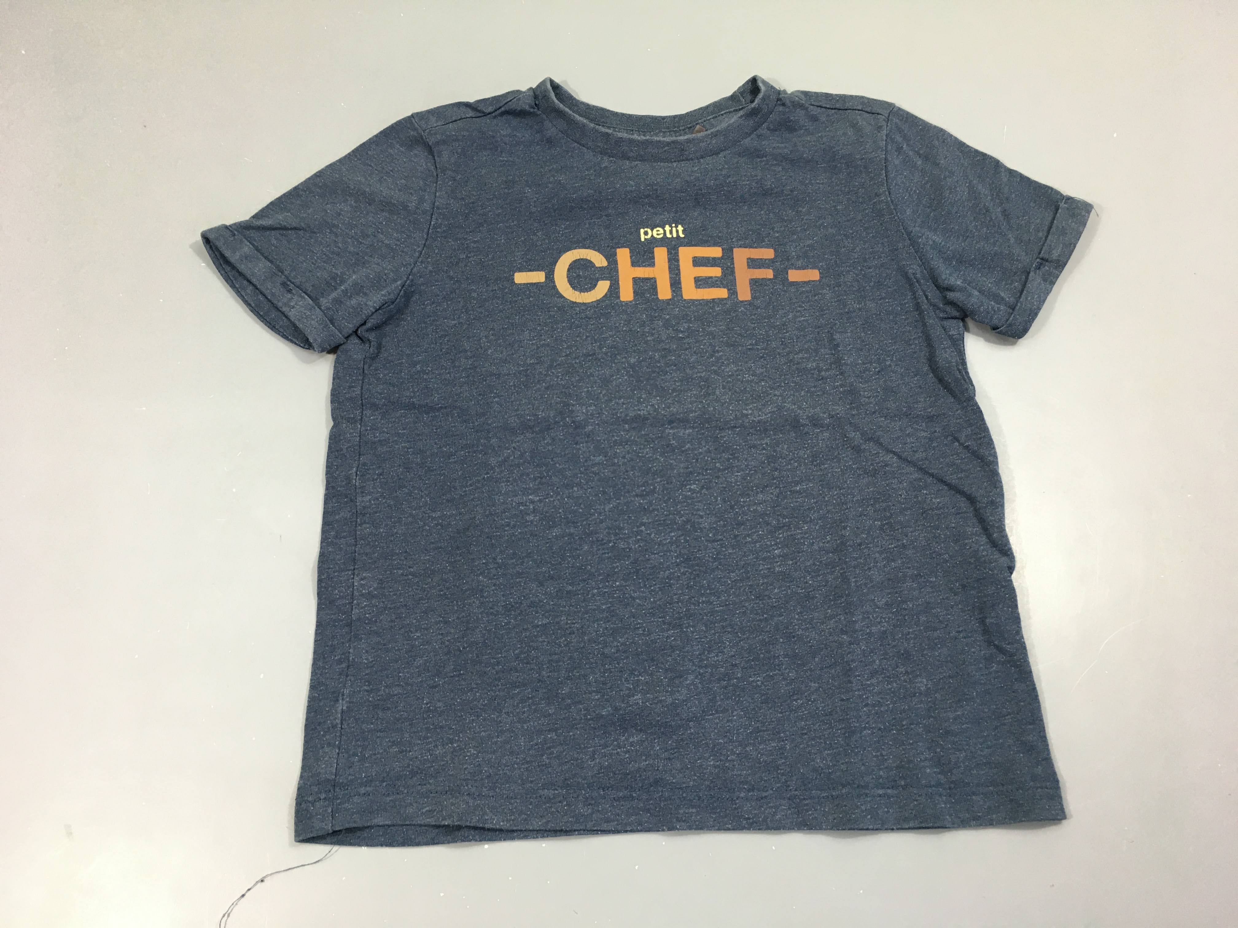 T-shirt m.c bleu foncé chiné petit chef, flocage un peu abimé