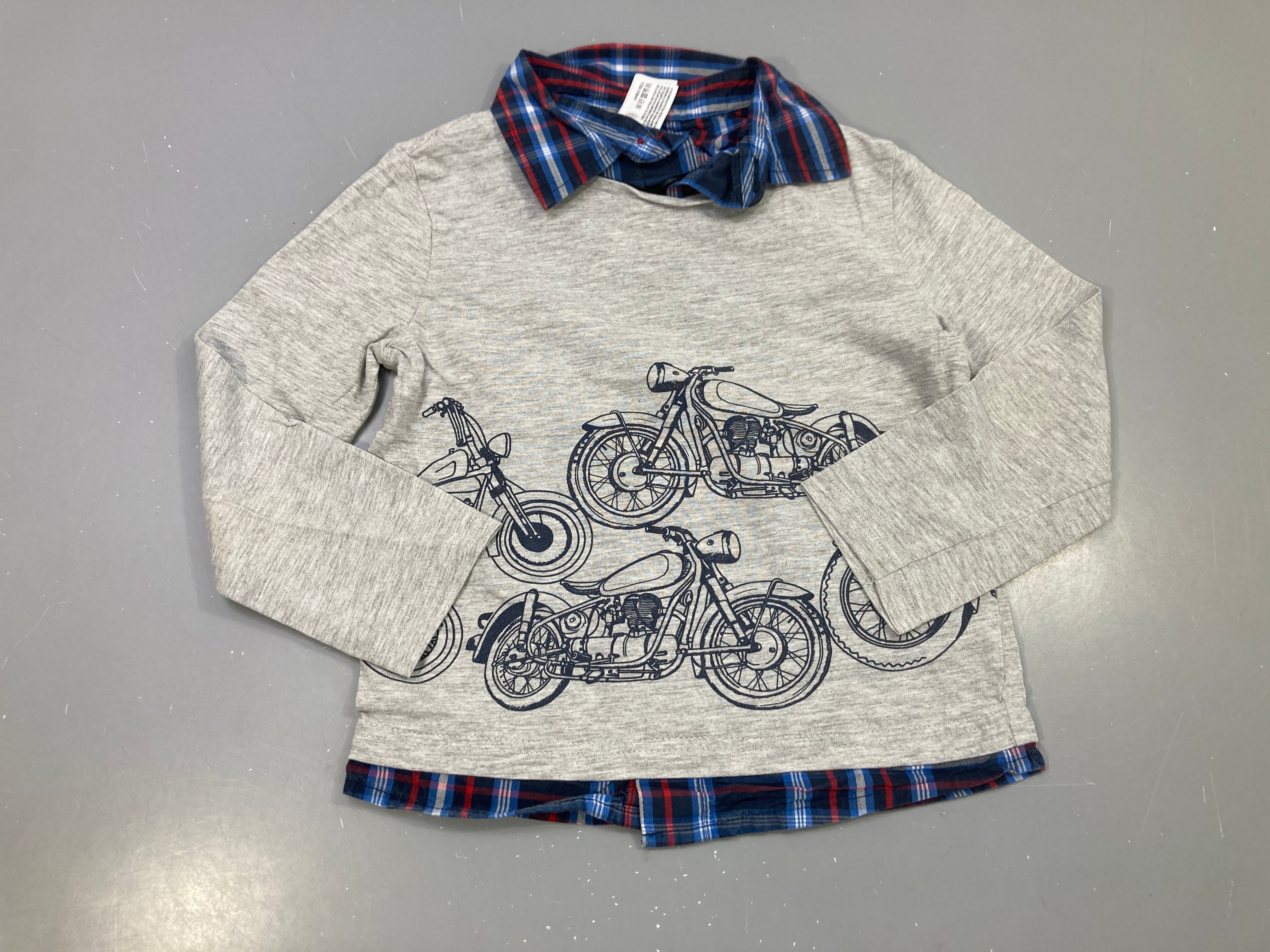 T-shirt m.l gris chiné motos, col et bas chemise carreaux effet 2 en 1