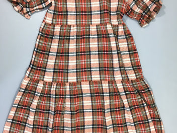Robe longue m.c texturée à carreaux brun-beige-rouge