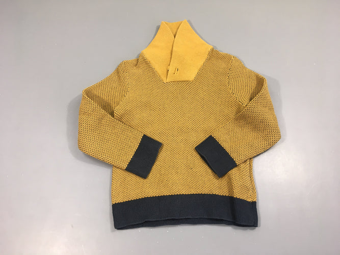 Pull moutarde chiné bleu col châle, moins cher chez Petit Kiwi