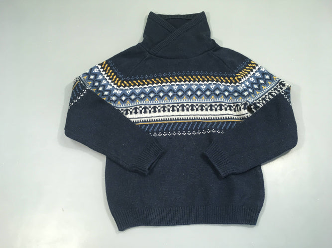 Pull bleu foncé col châle motifs blanc-moutarde, moins cher chez Petit Kiwi