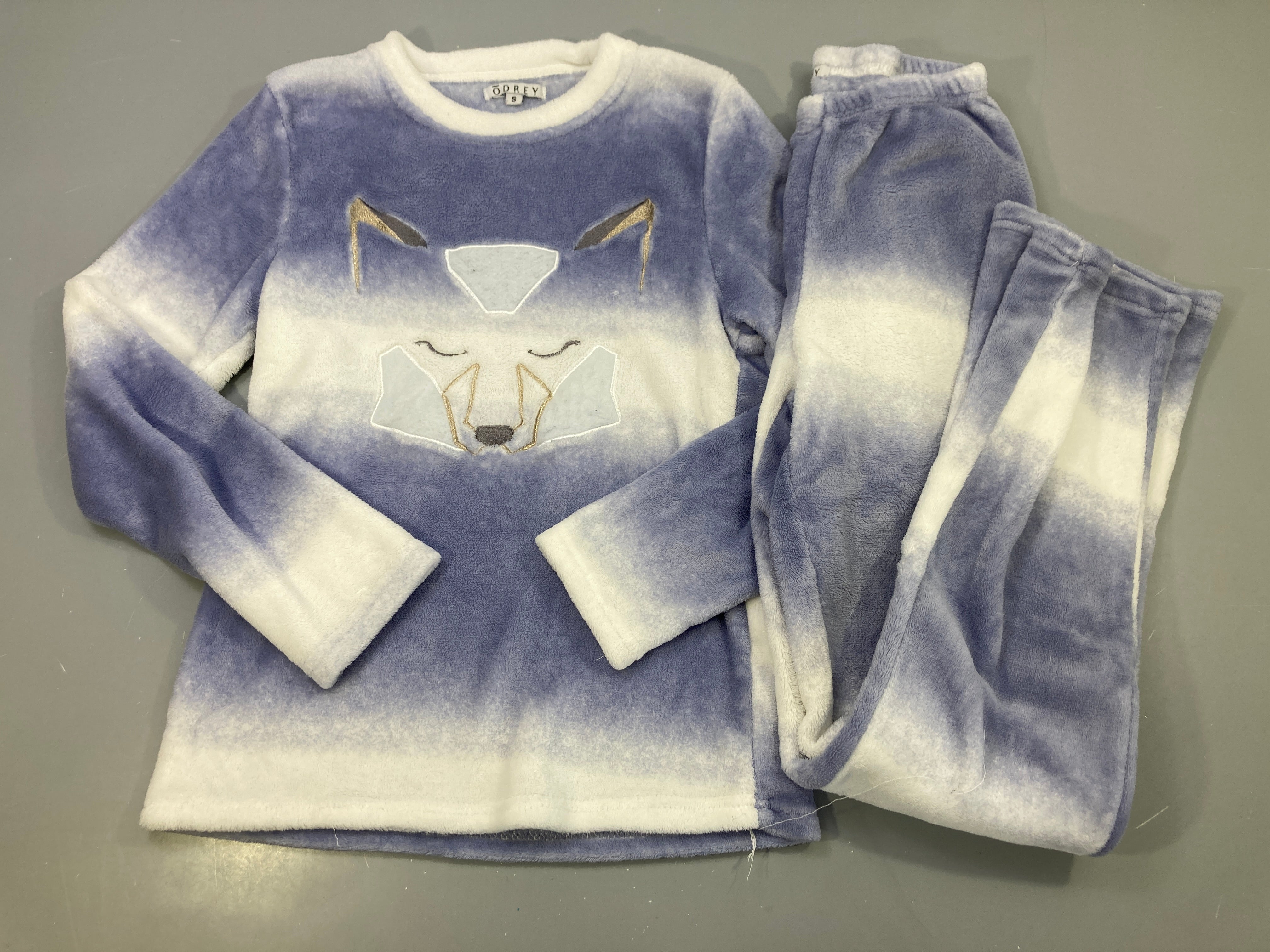 Pyjama 2pcs polaire bleu et blanc dégradé, renard brodé, Odrey