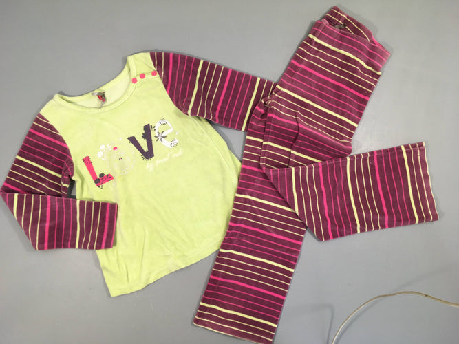 Pyjama 2pcs velours vert/rose rayé mauve Love, moins cher chez Petit Kiwi
