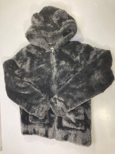 Veste noire fausse fourrure zippée, capuche à oreilles, moins cher chez Petit Kiwi