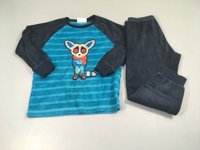 Pyjama 2pcs velours bleu rayé lémurien, moins cher chez Petit Kiwi