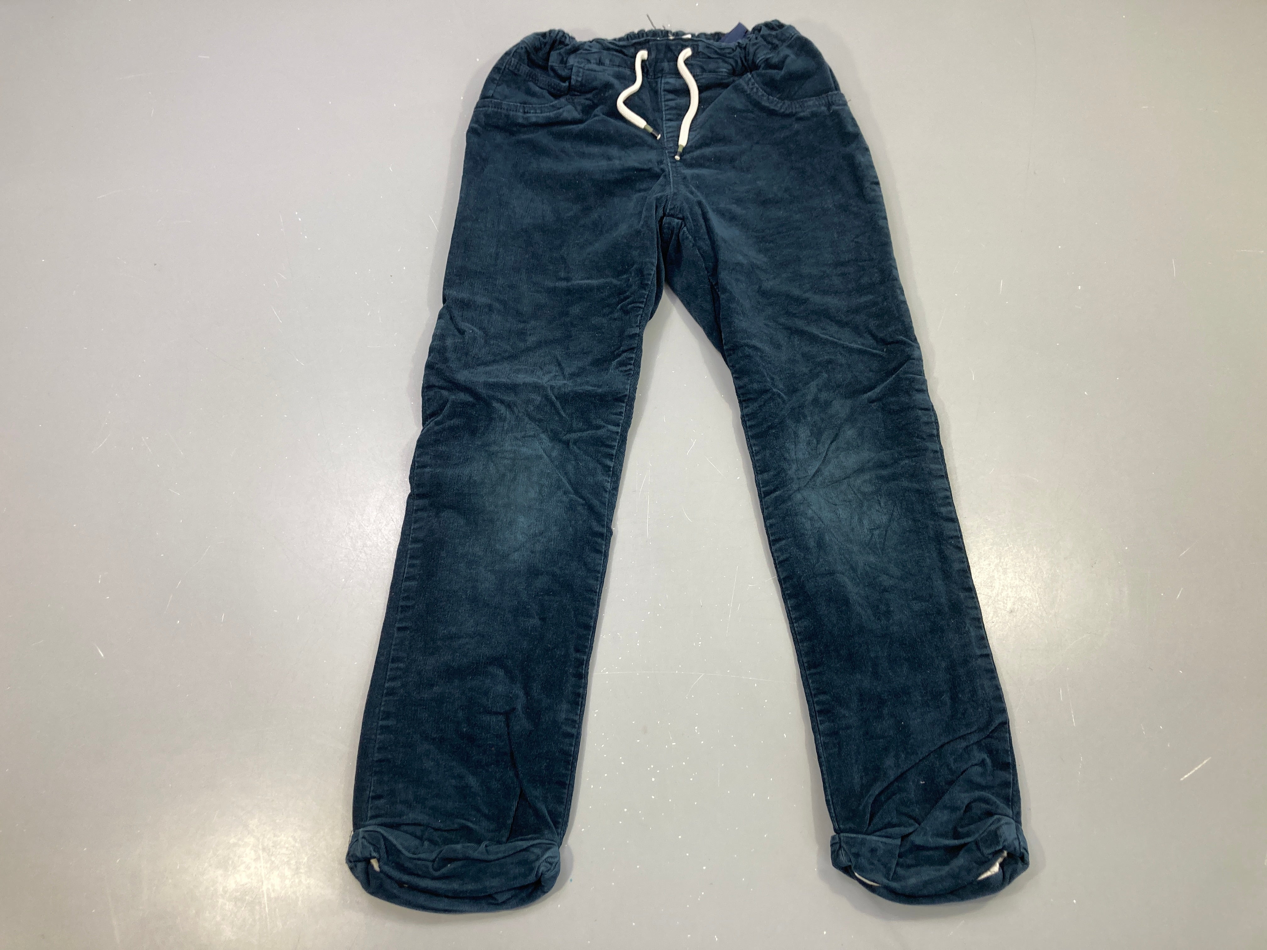 Pantalon bleu marine velours côtelé doublé jersey, taille élastique à cordon