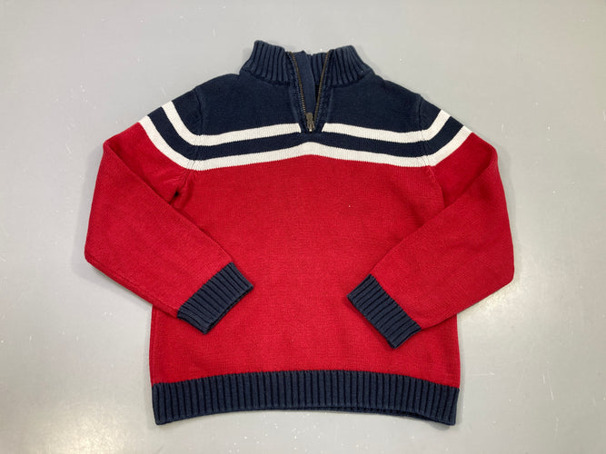 Pull col camionneur zippé rouge et bleu marine, rayures blanches, moins cher chez Petit Kiwi