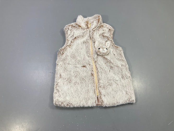 Gilet s.m écru chiné marron fausse fourrure zippé, tête de lapin, moins cher chez Petit Kiwi