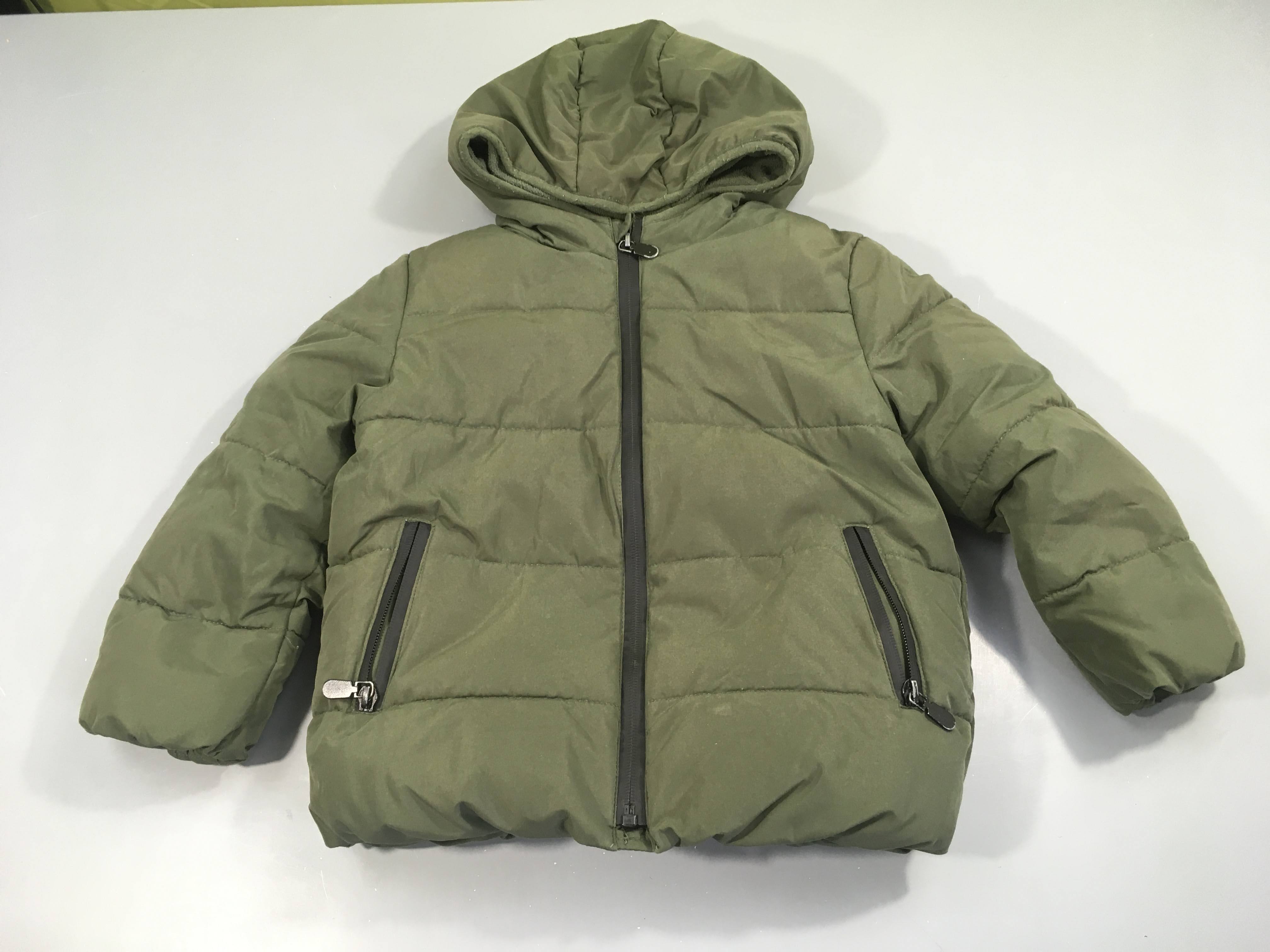 Manteau zippé ouatiné à capuche kaki doublé polar