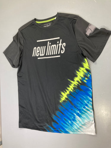 T-shirt m.c noir « new limits », motif bleu et jaune, sport, moins cher chez Petit Kiwi