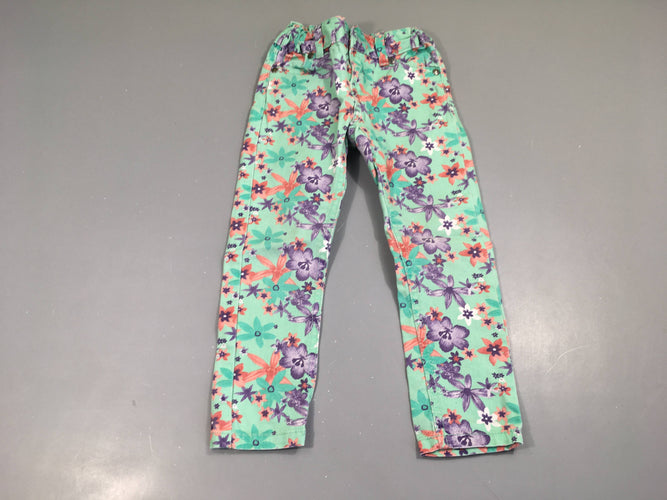 Pantalon toile turquoise fleurie, moins cher chez Petit Kiwi