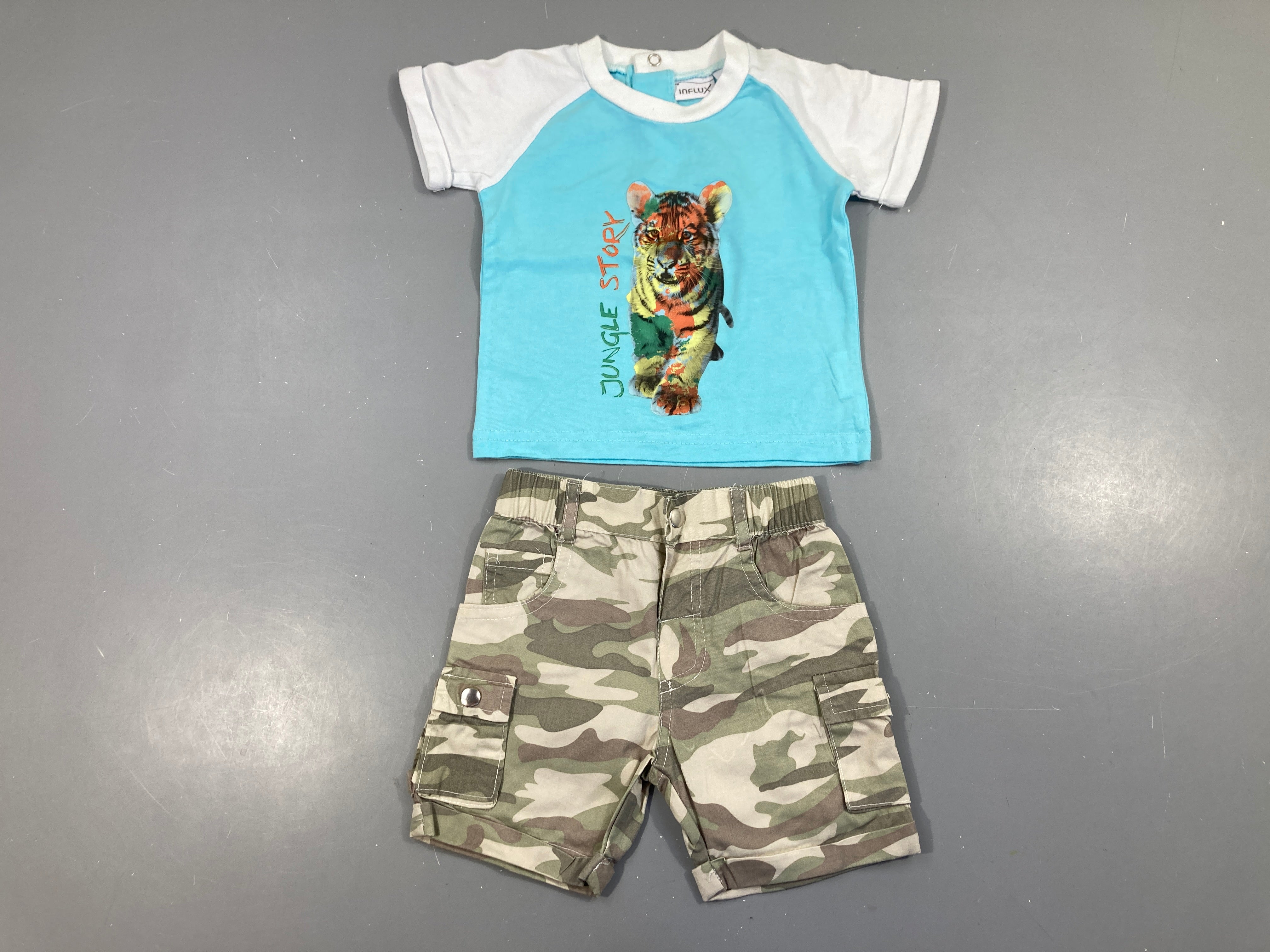 T-shirt m.c bleu/blanc tigre + bermuda cargo camouflage kaki