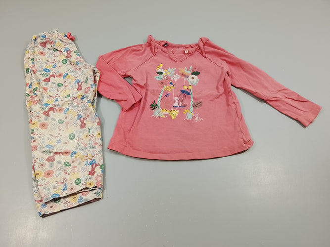 Ensemble 2pcs jersey , 1t-shirt m.l rose  motifs fleurs et animaux + pantalon  blanc motifs fleurs et animaux, moins cher chez Petit Kiwi